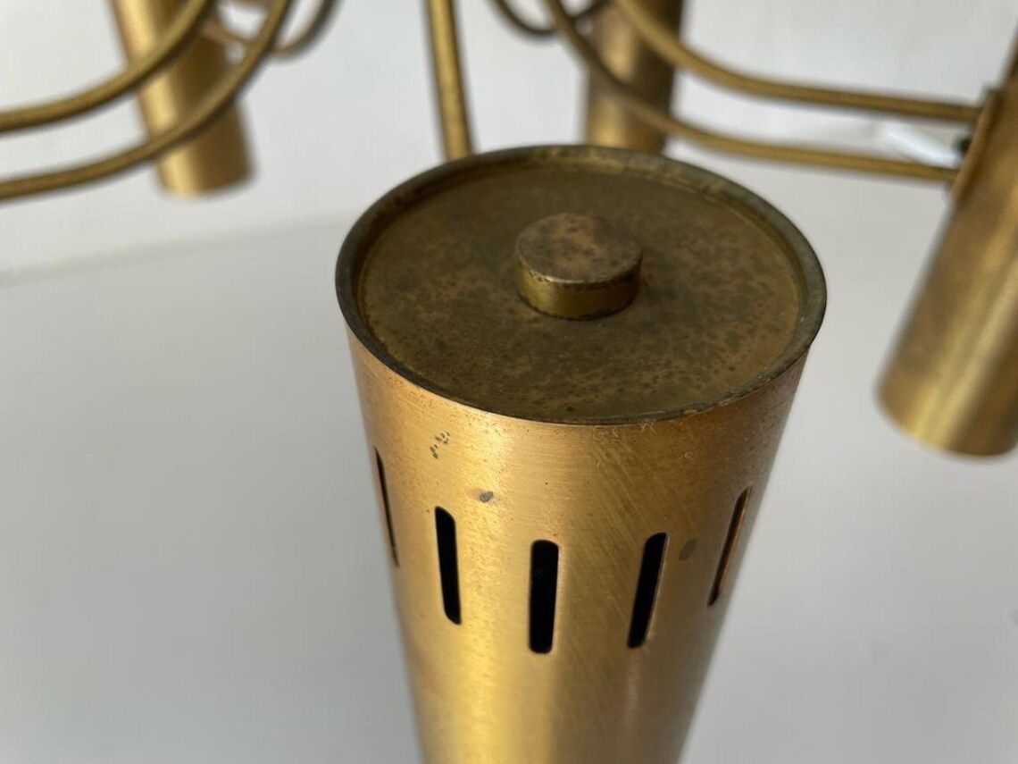 Exclusive 5 Armed Brass And Wood Flush Mount Chandelier Angelo Brotto For Esperia 1970s Italy photo vinterior