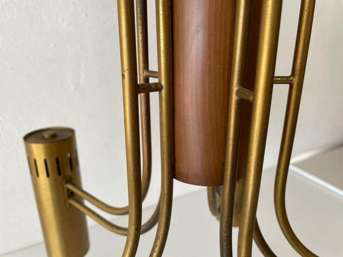 Exclusive 5 Armed Brass And Wood Flush Mount Chandelier Angelo Brotto For Esperia 1970s Italy photo buy