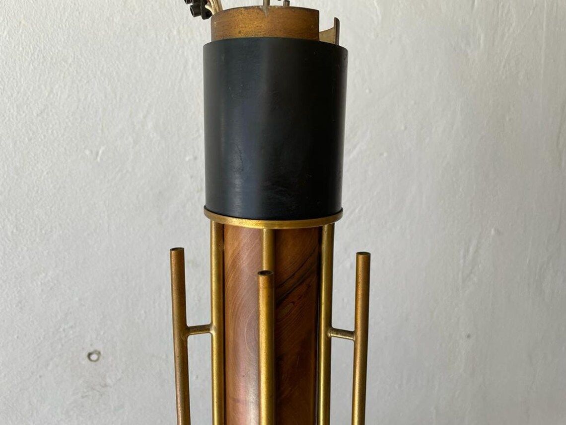 Exclusive 5 Armed Brass And Wood Flush Mount Chandelier Angelo Brotto For Esperia 1970s Italy photo vintage