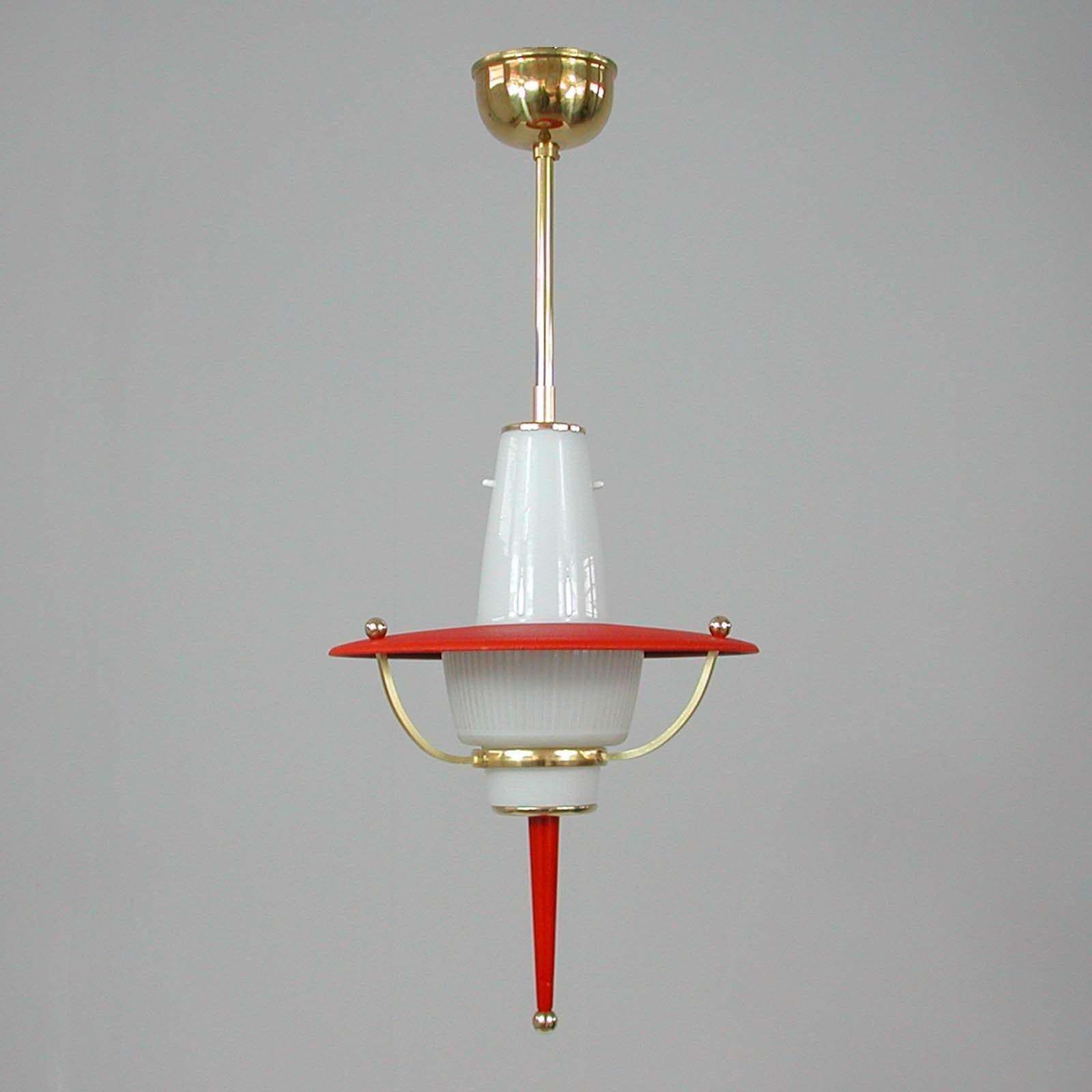Modernist 1950s Italian Red Lantern, Milk Glass & Brass photo Lighting
