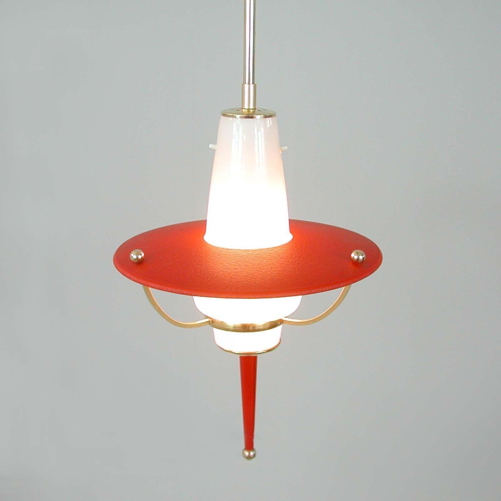 Modernist 1950s Italian Red Lantern, Milk Glass & Brass photo buy