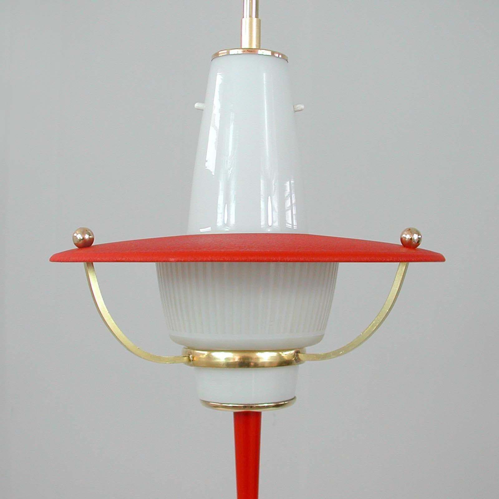 Lighting Modernist 1950s Italian Red Lantern, Milk Glass & Brass photo