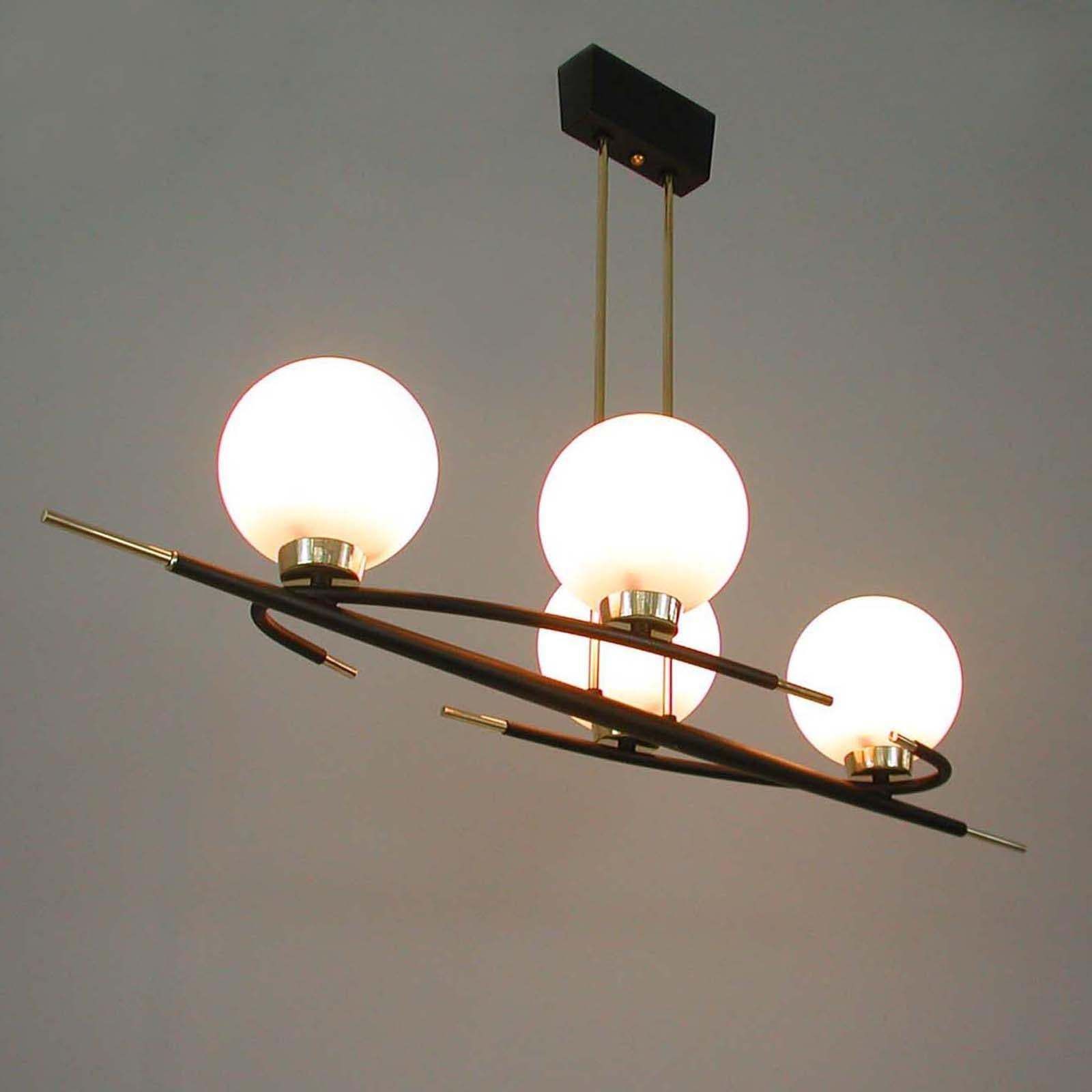 French Maison Arlus Brass And Opaline Glass Chandelier, 1960s photo for sale