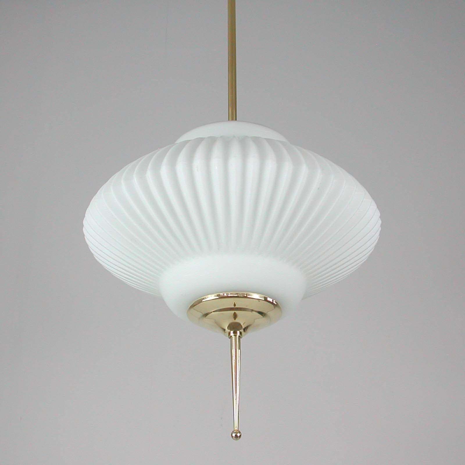 1348.0 Midcentury Ribbed Milk Glass & Brass Globe Pendant, Stilnovo 'Attr.' photo