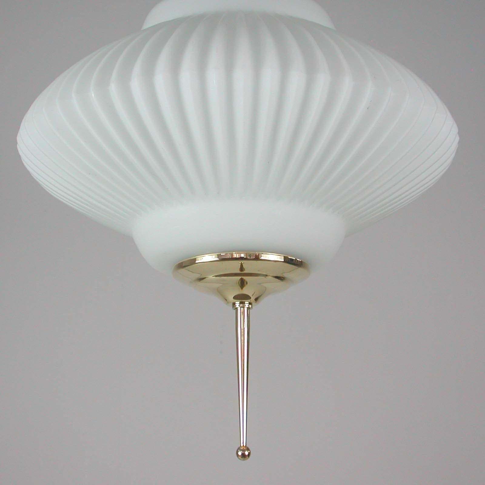 photo buy Midcentury Ribbed Milk Glass & Brass Globe Pendant, Stilnovo 'Attr.'