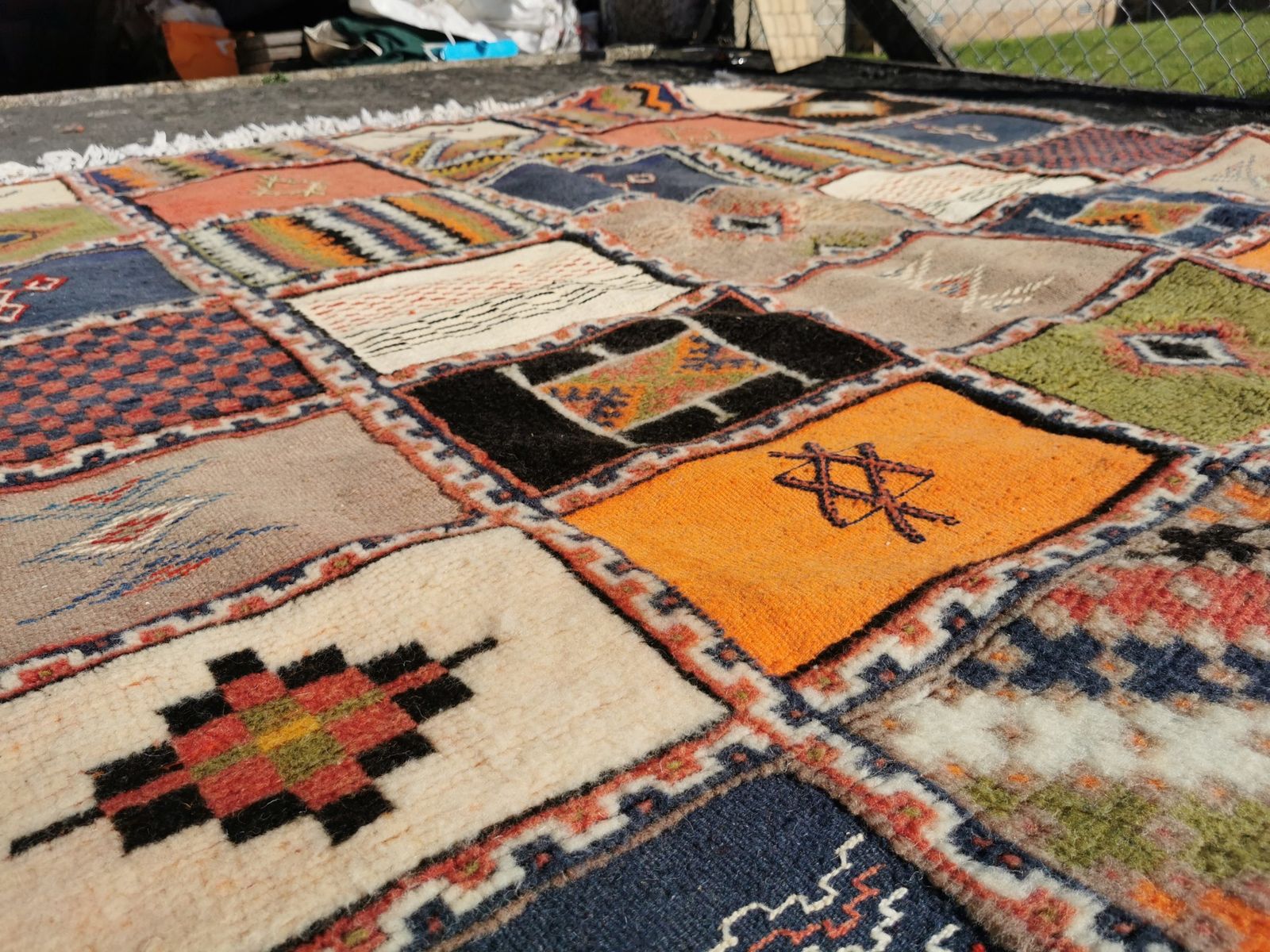 photo vintage Vibrant Moroccan Square Berber Rug Hand Woven Camel Hair.
