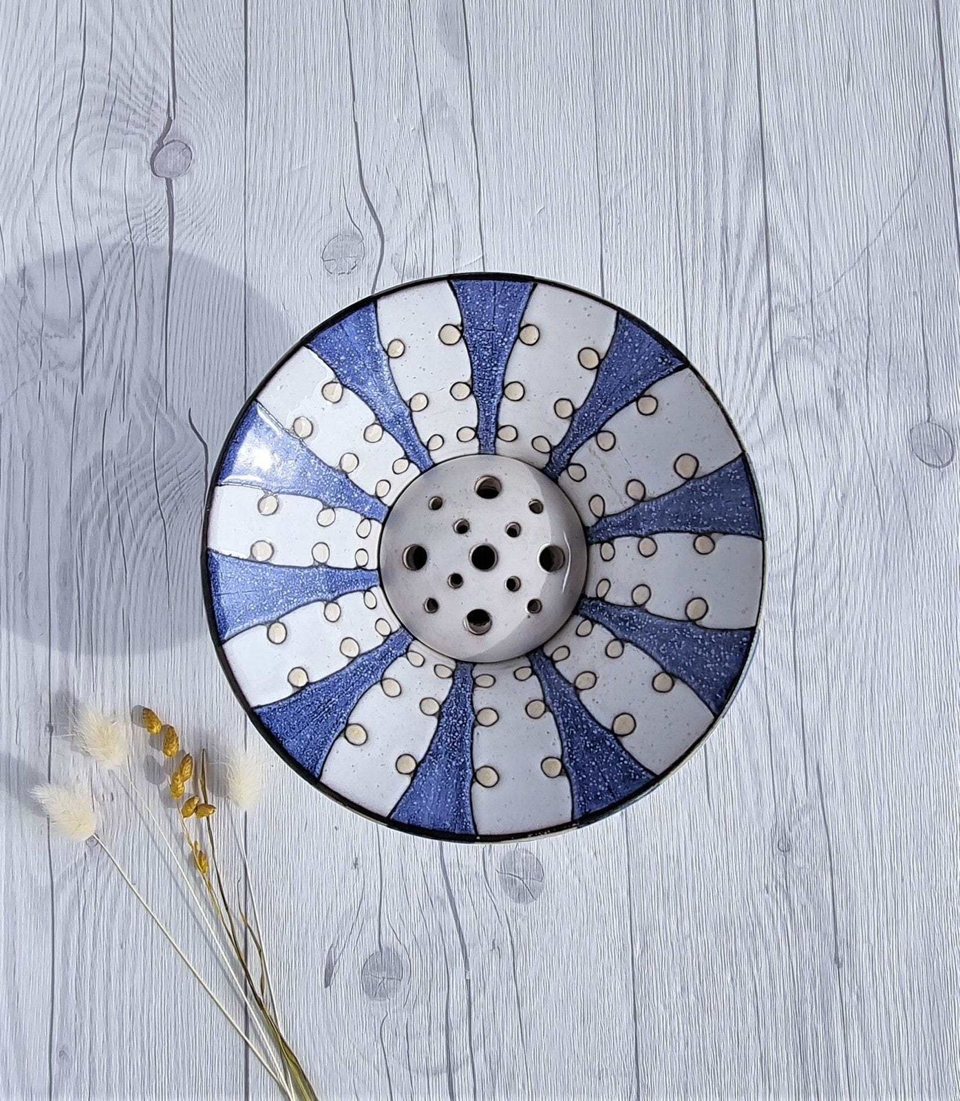 Mari Simmulson For Upsala Ekeby, 1956 57 Iris Series, Blue And White Stripe Polka, Wide Brim Vase photo Home Decor