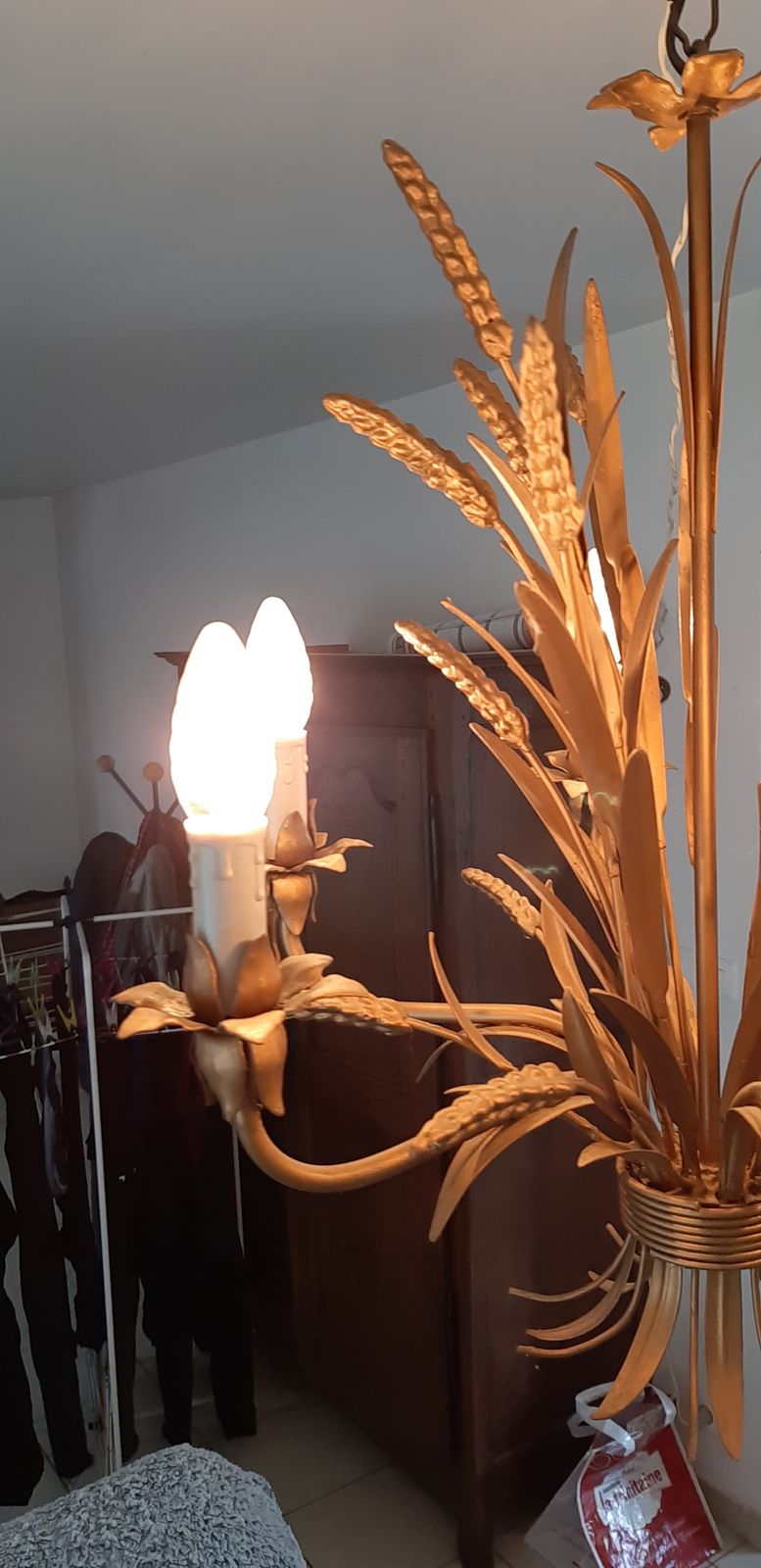 Vintage Golden Metal Chandelier With Ears Of Wheat photo for sale
