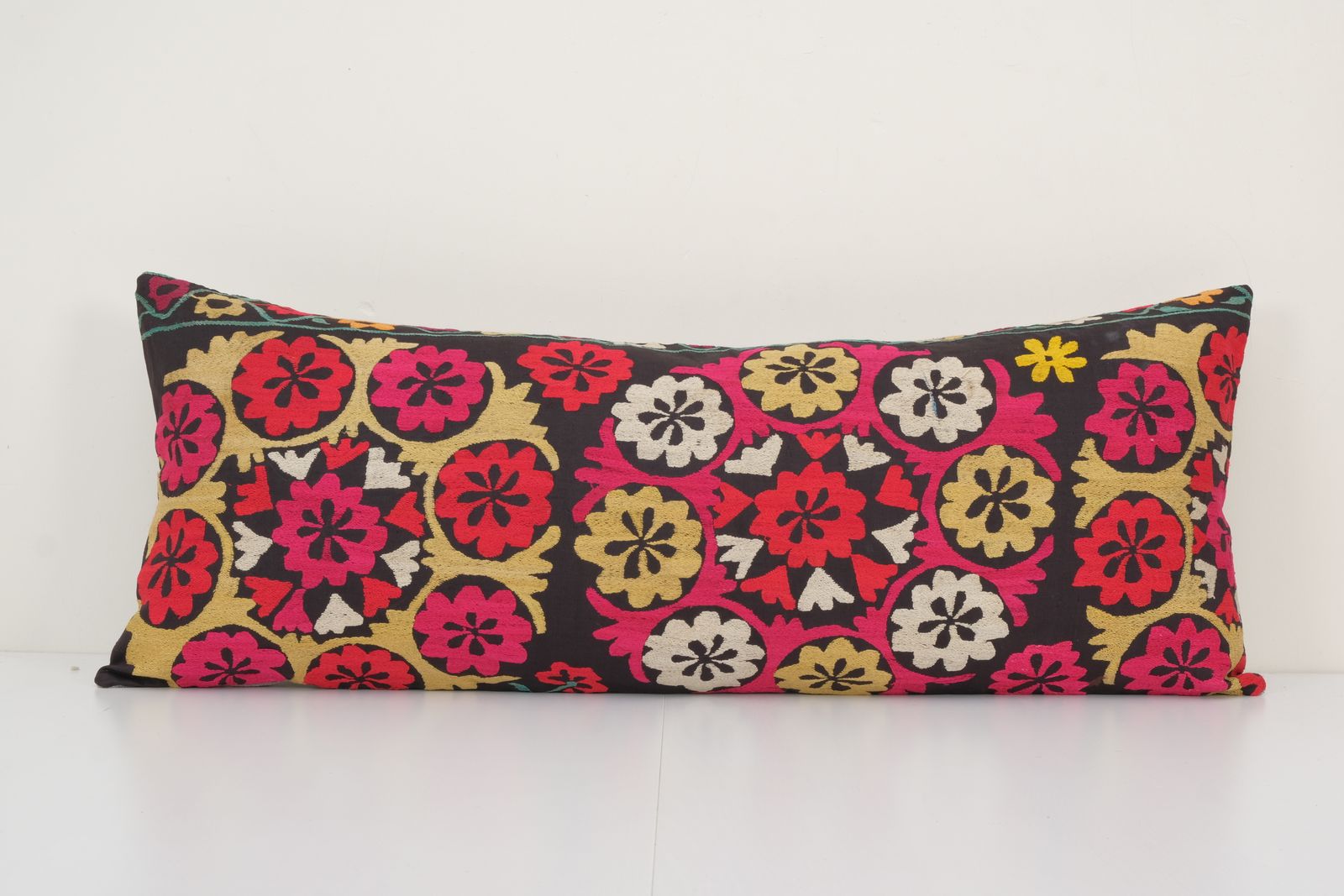 16" X 40" Vintage Ethnic Suzani Lumbar Pillow, Tribal Turkish Cushion, Faded Brown Pillow Cover From Uzbekistan Decorative