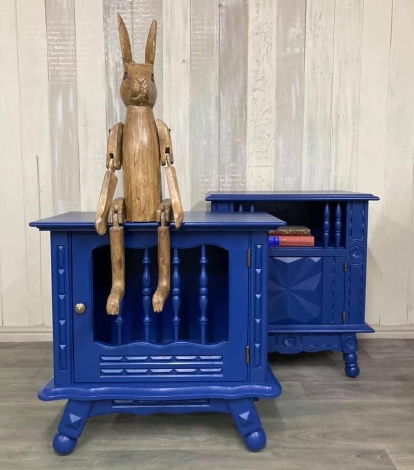 Two Hand Painted Vintage French Bedside Cabinets In Blue photo furniture
