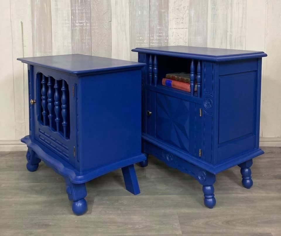 Two Hand Painted Vintage French Bedside Cabinets In Blue photo Furniture