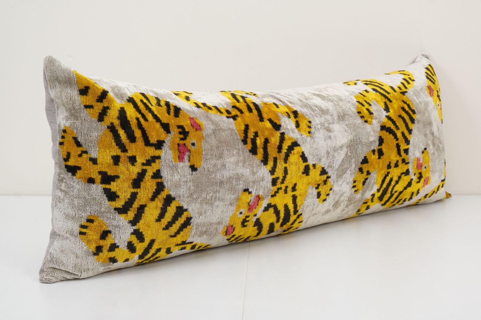 Pair Tiger Ikat Velvet Pillow, Silk Lumbar Cushion Cover, Yellow Animal Lumbar Pillows, Boho Pillow photo furniture