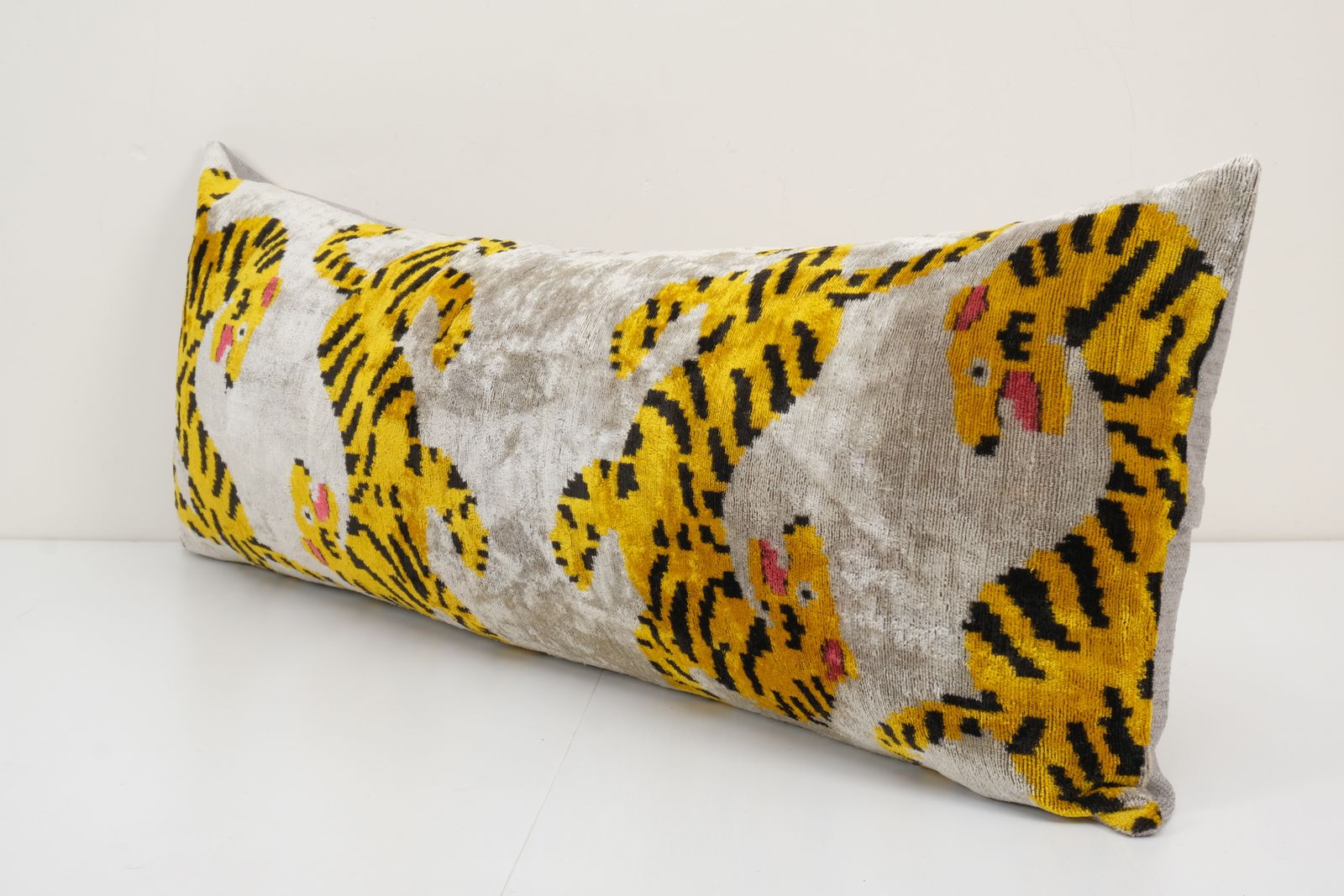 Pair Tiger Ikat Velvet Pillow, Silk Lumbar Cushion Cover, Yellow Animal Lumbar Pillows, Boho Pillow photo for sale