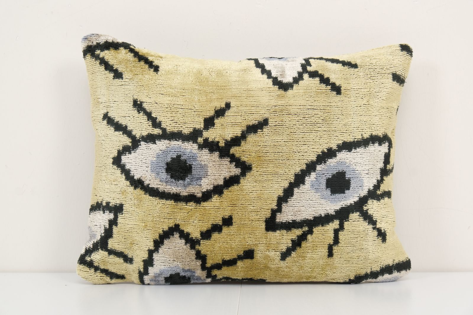 10" X 14" Small Yellow Eye Pillow   Silk Ethnic Velvet Lumbar Pillow Cover   Ethnic Decorative Pillow   Velvet Ikat Pillow