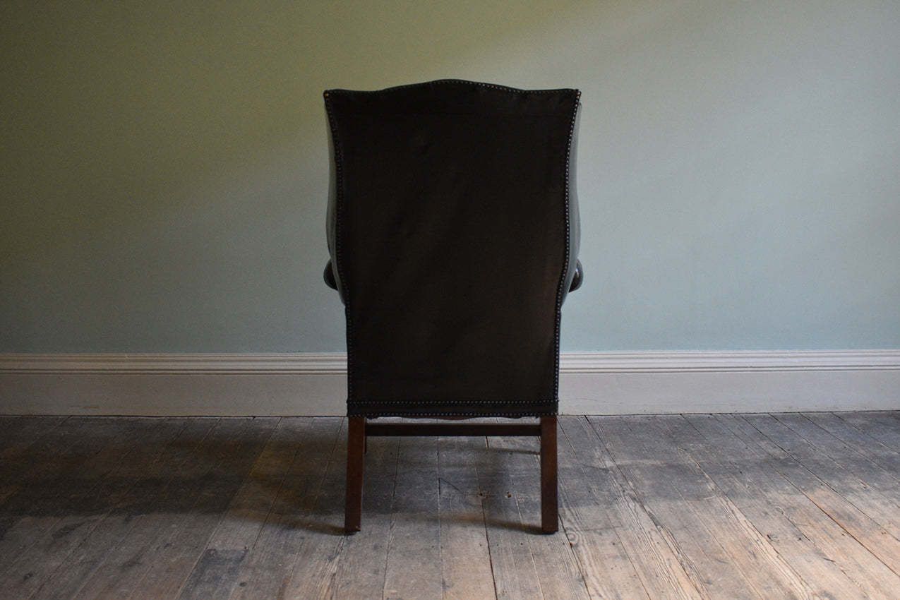 Georgian Black Leather Upholstered Wingback Armchair photo for sale