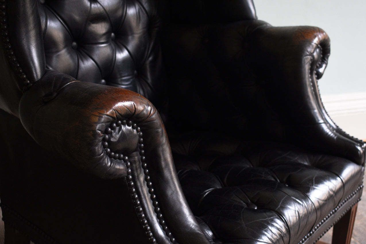 Georgian Black Leather Upholstered Wingback Armchair photo 2360.0