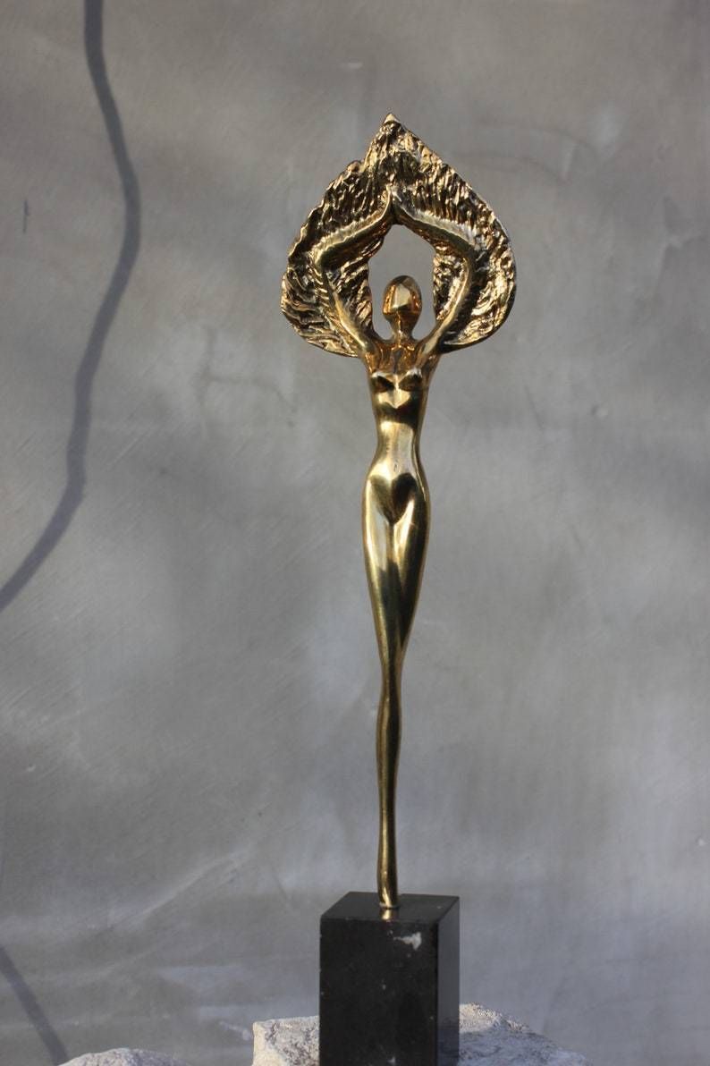 Original Bronze Goddess Nike Stylized Statue Wings Figurine Wedding Couple Gift 50s Anniversary Gift 40s Birthday Gift photo for sale