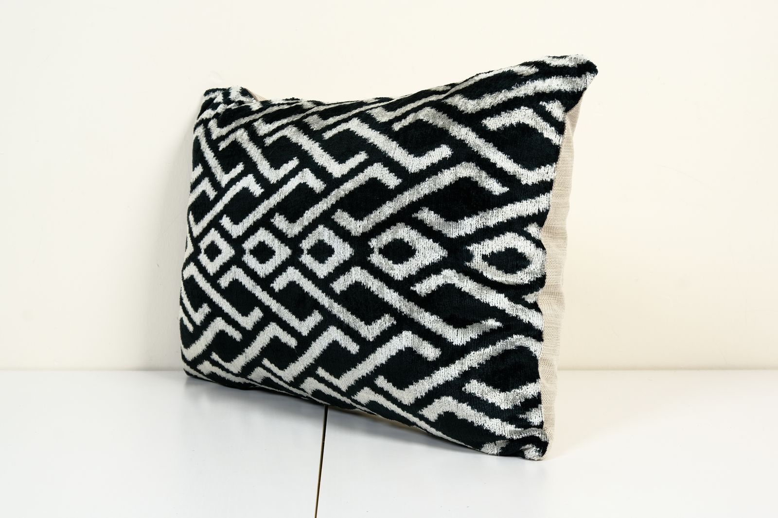 Ikat Velvet Pillow Cover, Black And Beige Silk Ikat Pillow, Handmade Silk Ikat Pillowcase, Chain Design Uzbek Throw Pillow photo furniture