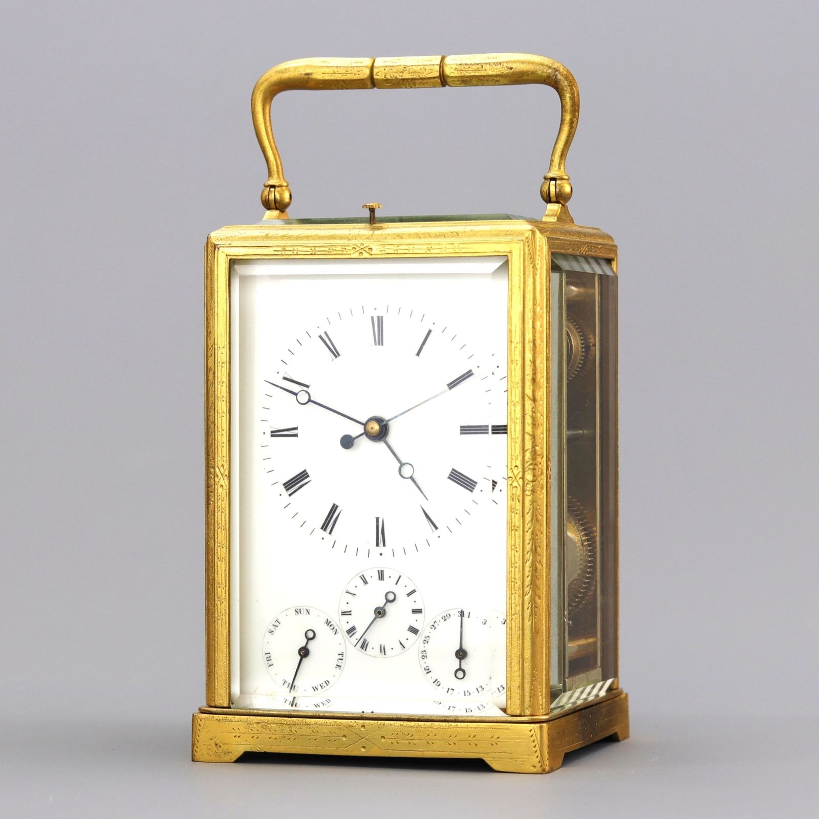Engraved Gilt Centre Seconds Calendar Alarm Carriage Clock By Japy Freres C1860