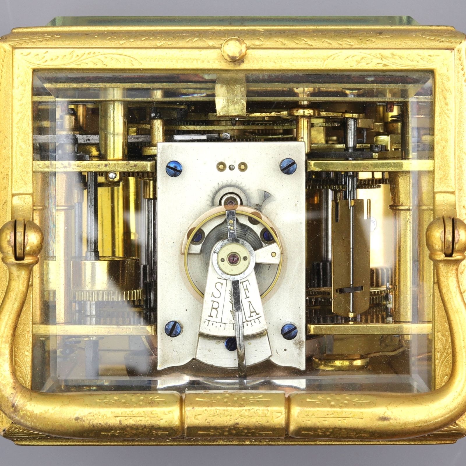 Engraved Gilt Centre Seconds Calendar Alarm Carriage Clock By Japy Freres C1860 photo vintage