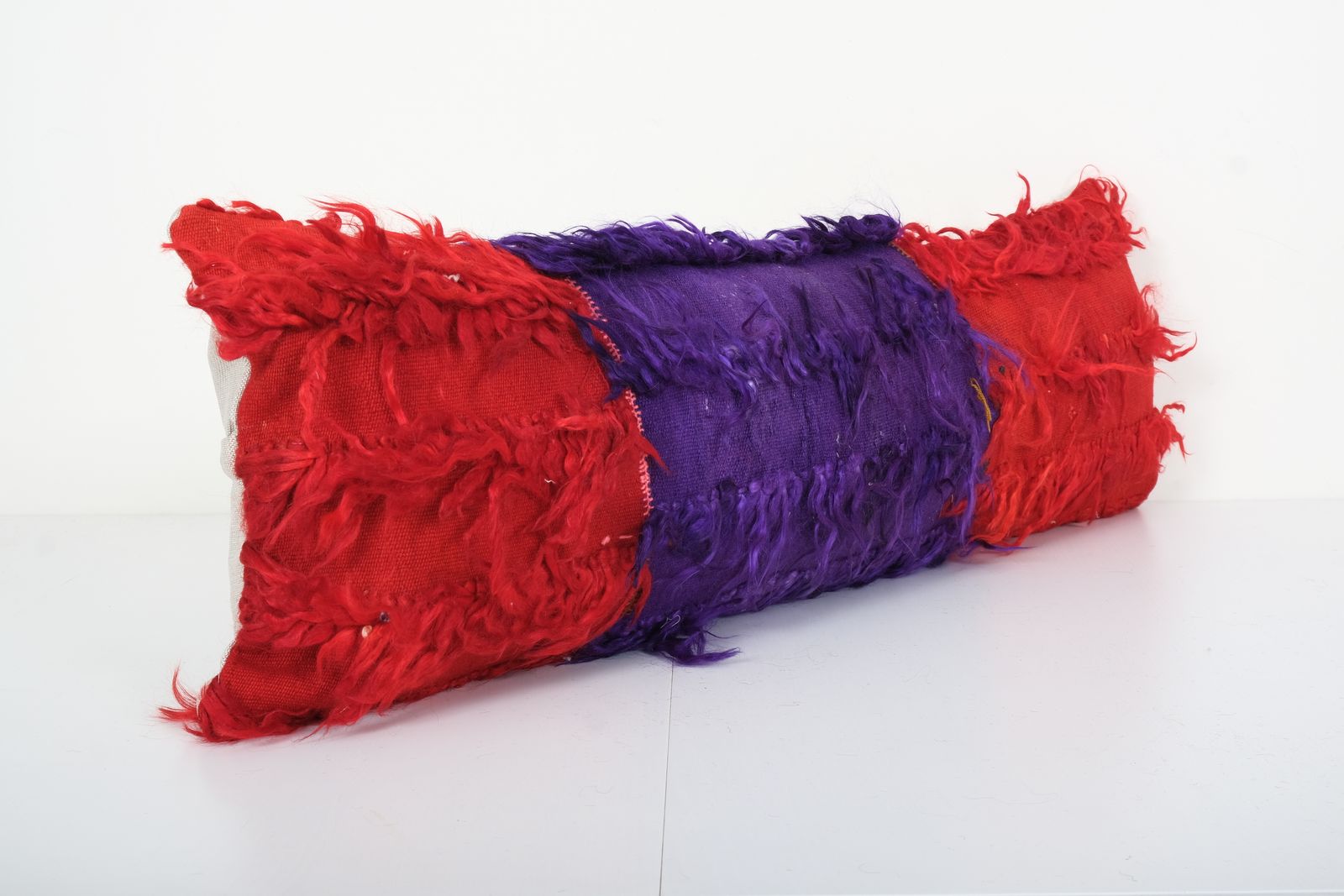 Vintage Turkish Shaggy Pillow, Extra Long Home Decor Tulu Pillow Cases Fashioned From A Mid 20th Century Tulu Rug 12" X 38" photo Textiles