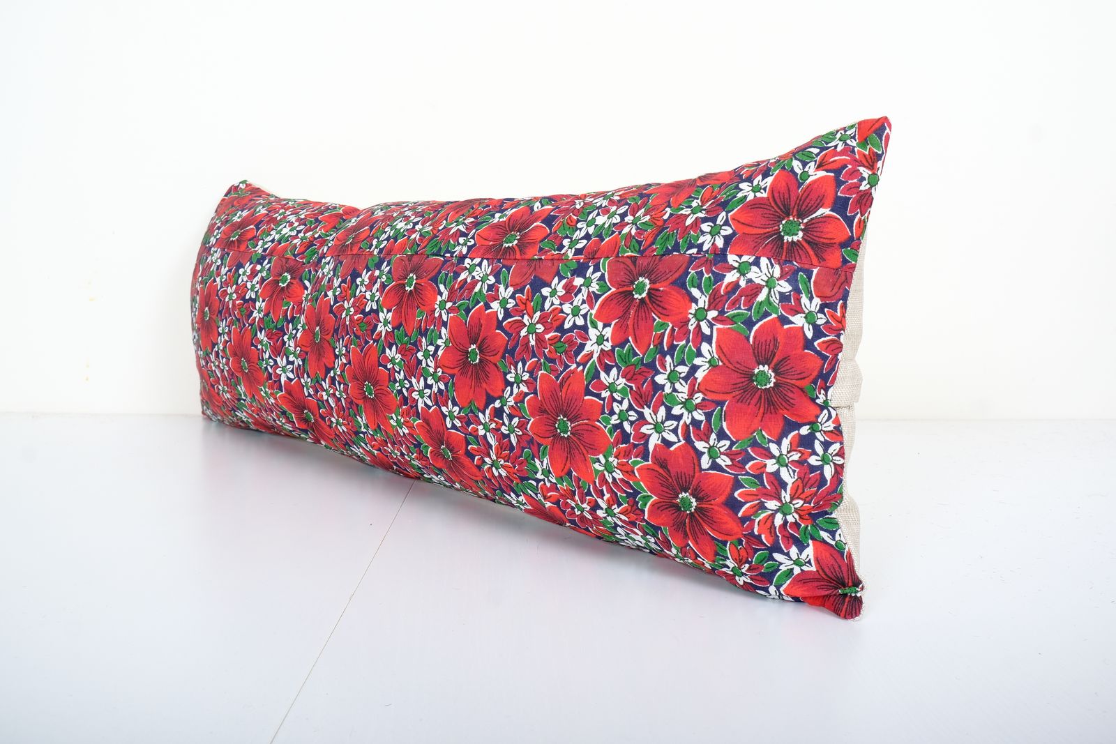 Vintage Cotton Pillow Case Made From Mid 20th Century Russian Cotton Printed Textile   Floral Trade Cloth Cushion 12" X 34" photo for sale