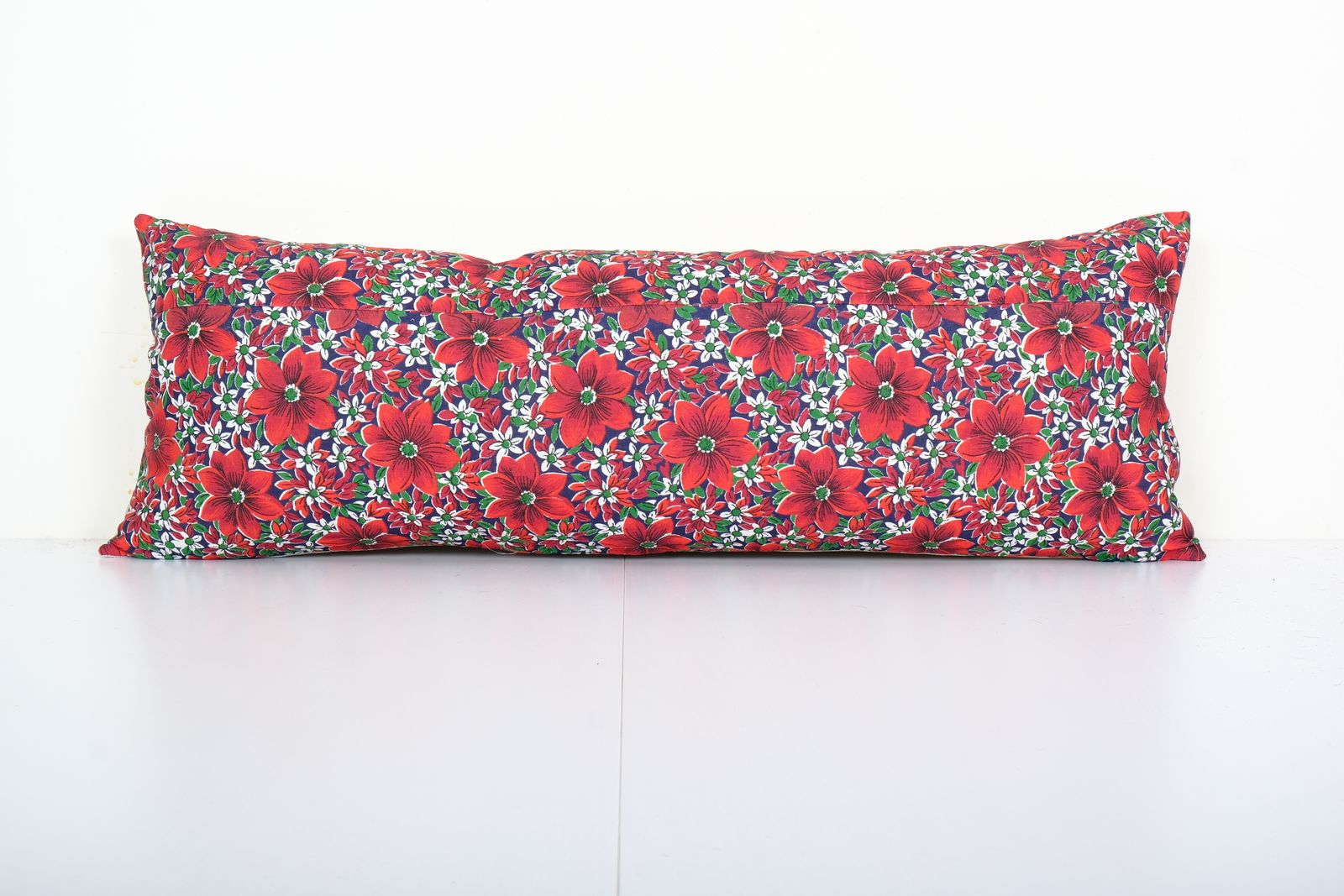Vintage Cotton Pillow Case Made From Mid 20th Century Russian Cotton Printed Textile   Floral Trade Cloth Cushion 12" X 34"