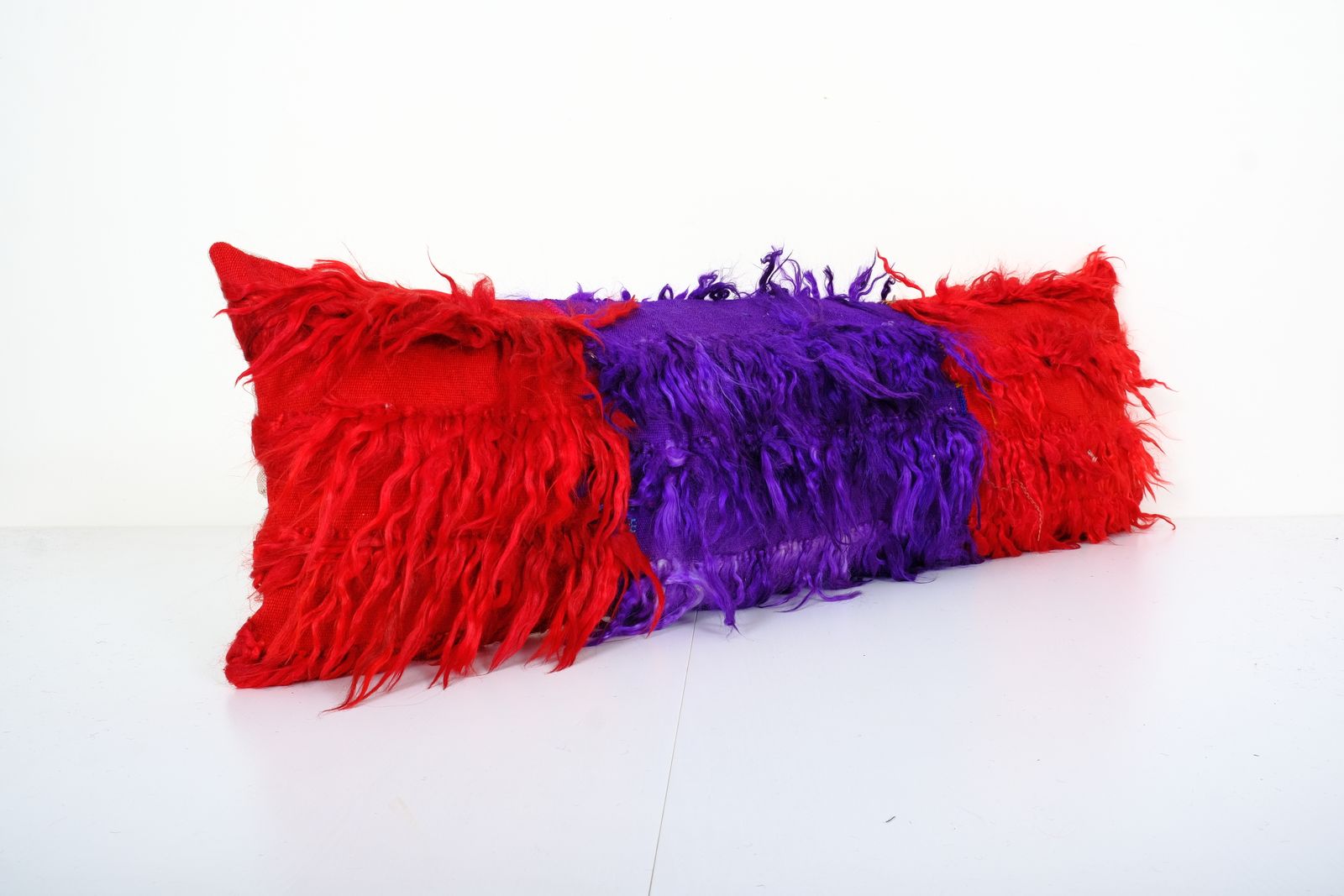Organic Wool Extra Long Turkish Shaggy Pillow, Tulu  Cover, Red Pillow Cases Fashioned From A Mid 20th Century Tulu  12" X 40" photo furniture