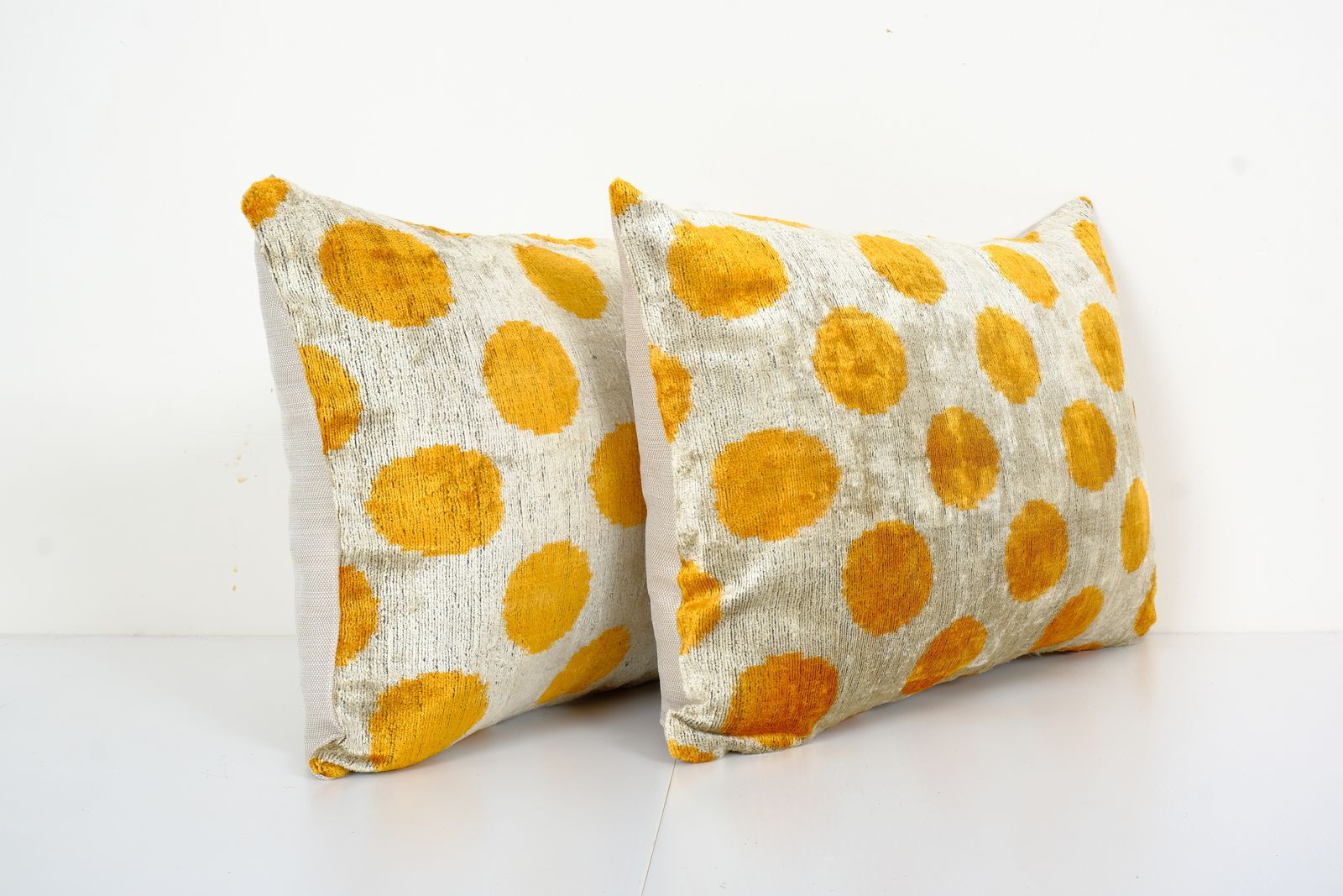 Yellow Silk Ikat Velvet Pillow Cover, Pair Polka Dot Ikat Lumbar Cushion Cover, Decorative Pillowcase 16" X 24" photo furniture