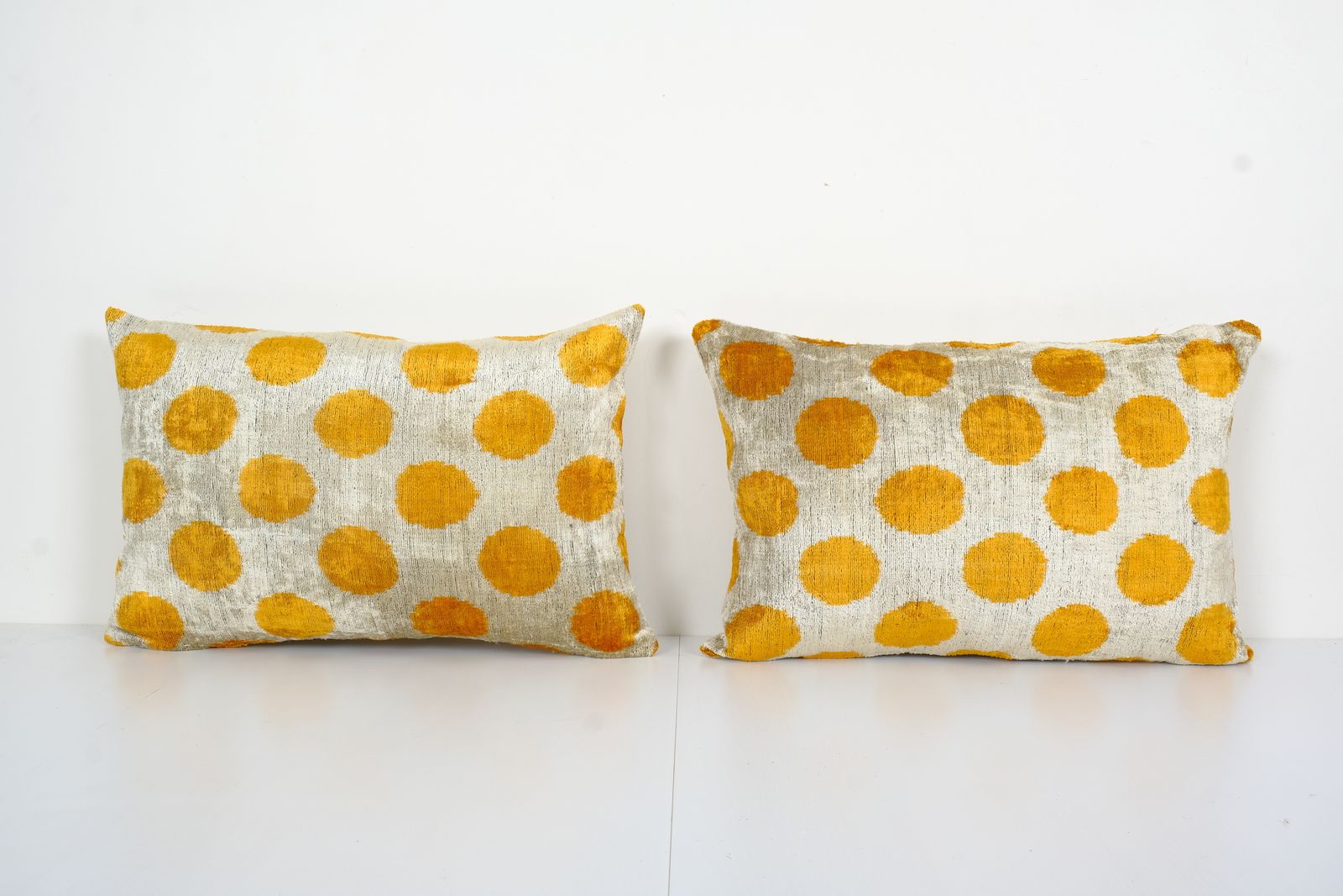 Yellow Silk Ikat Velvet Pillow Cover, Pair Polka Dot Ikat Lumbar Cushion Cover, Decorative Pillowcase 16" X 24"
