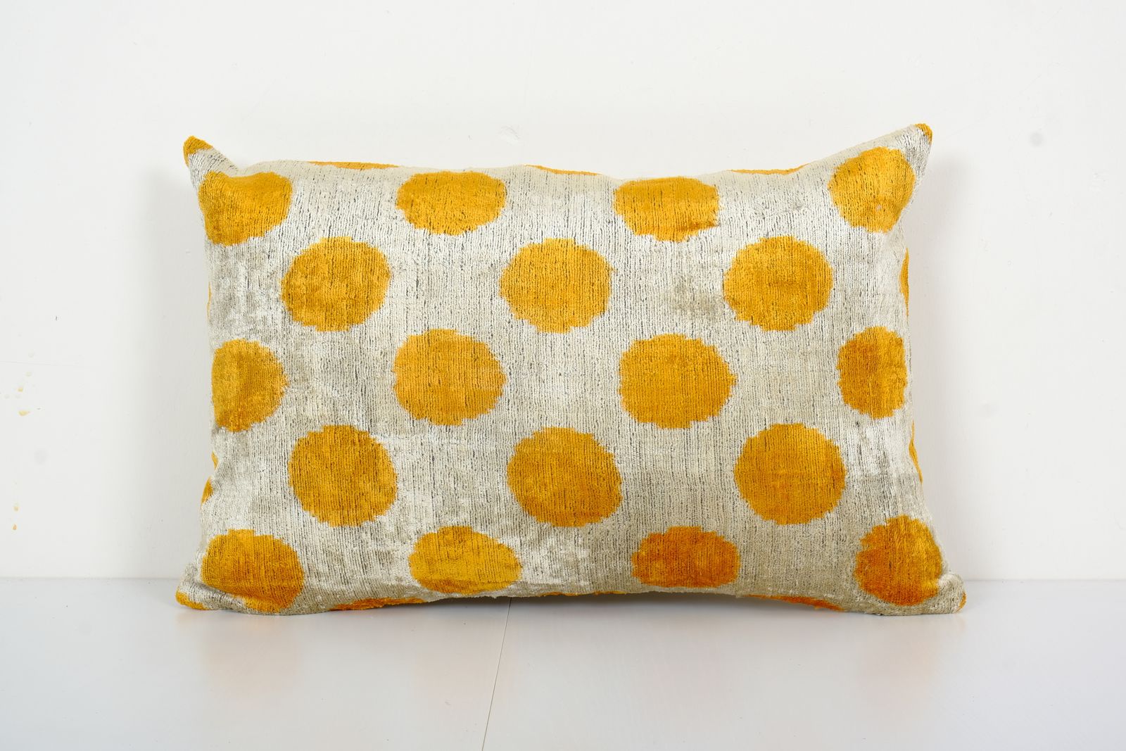 12'' X 18'' Silk Ikat Velvet Lumbar Pillow Cover   Ethnic Decorative Pillow   Muted Yellow Dot Velvet Ikat Pillow