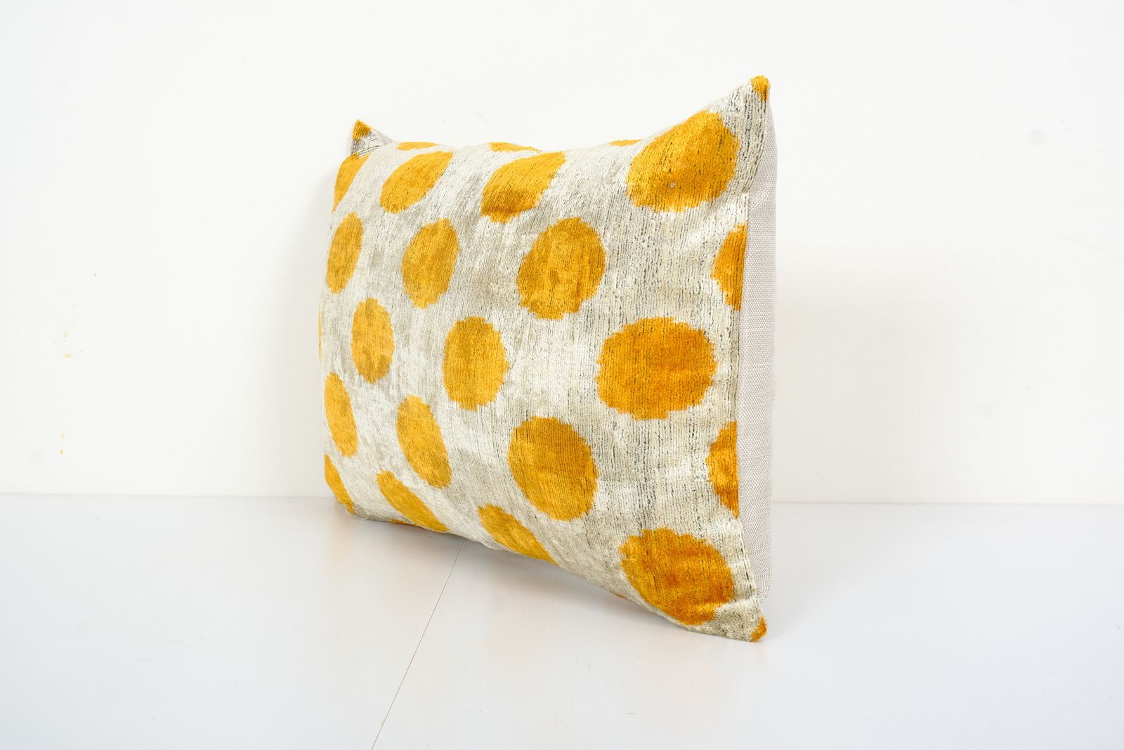 12'' X 18'' Silk Ikat Velvet Lumbar Pillow Cover   Ethnic Decorative Pillow   Muted Yellow Dot Velvet Ikat Pillow photo for sale