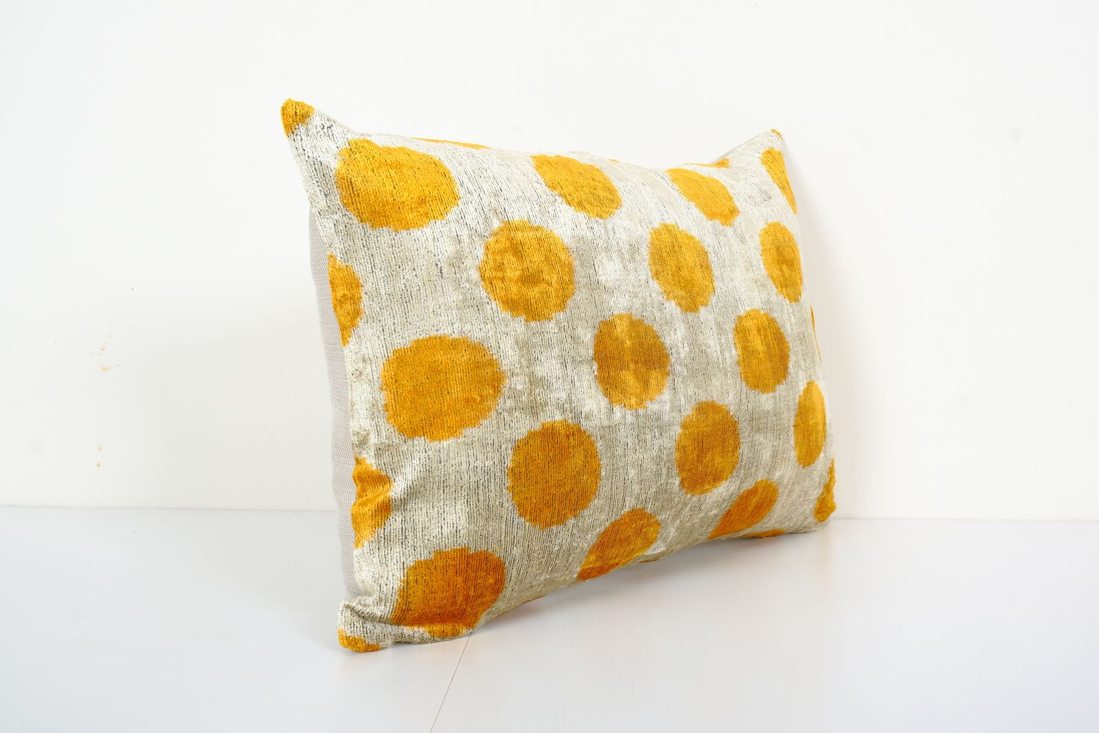 12'' X 18'' Silk Ikat Velvet Lumbar Pillow Cover   Ethnic Decorative Pillow   Muted Yellow Dot Velvet Ikat Pillow photo Textiles