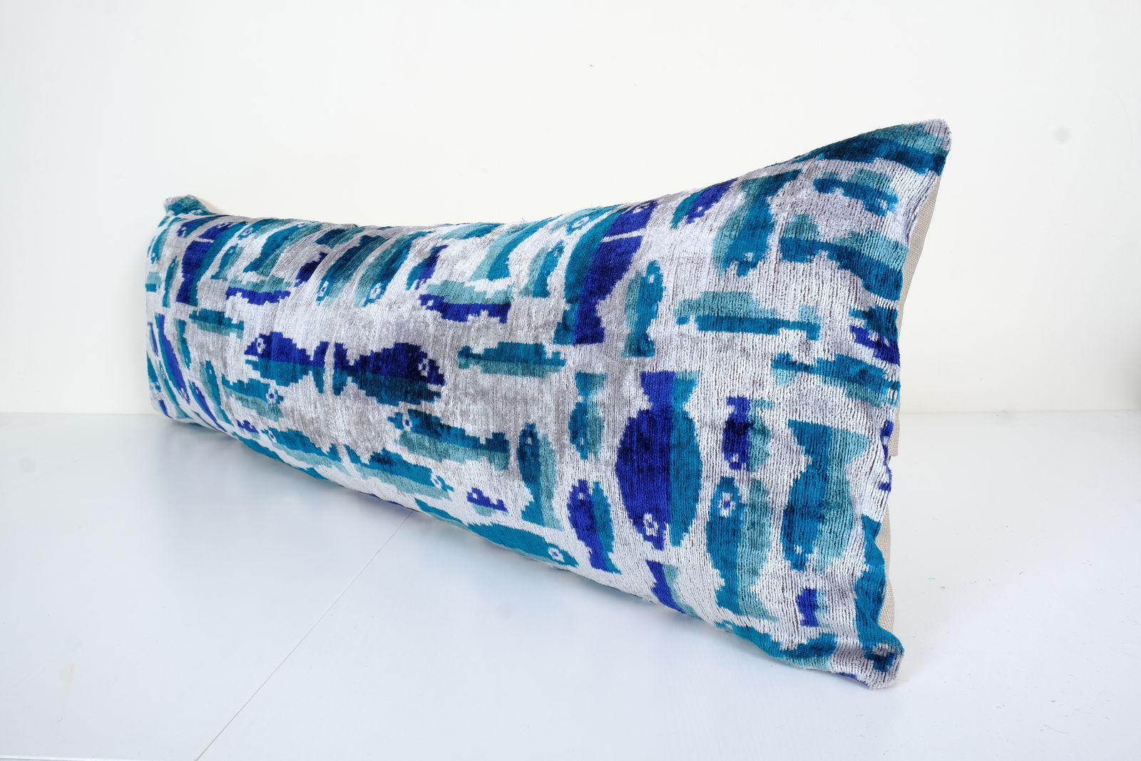 Extra Long Silk Ikat Velvet Pillow With Fish Motifs, Turquoise Velvet Oversize Cushion Cover, Ikat Velvet Bedding Pillow 16" X 48" photo furniture