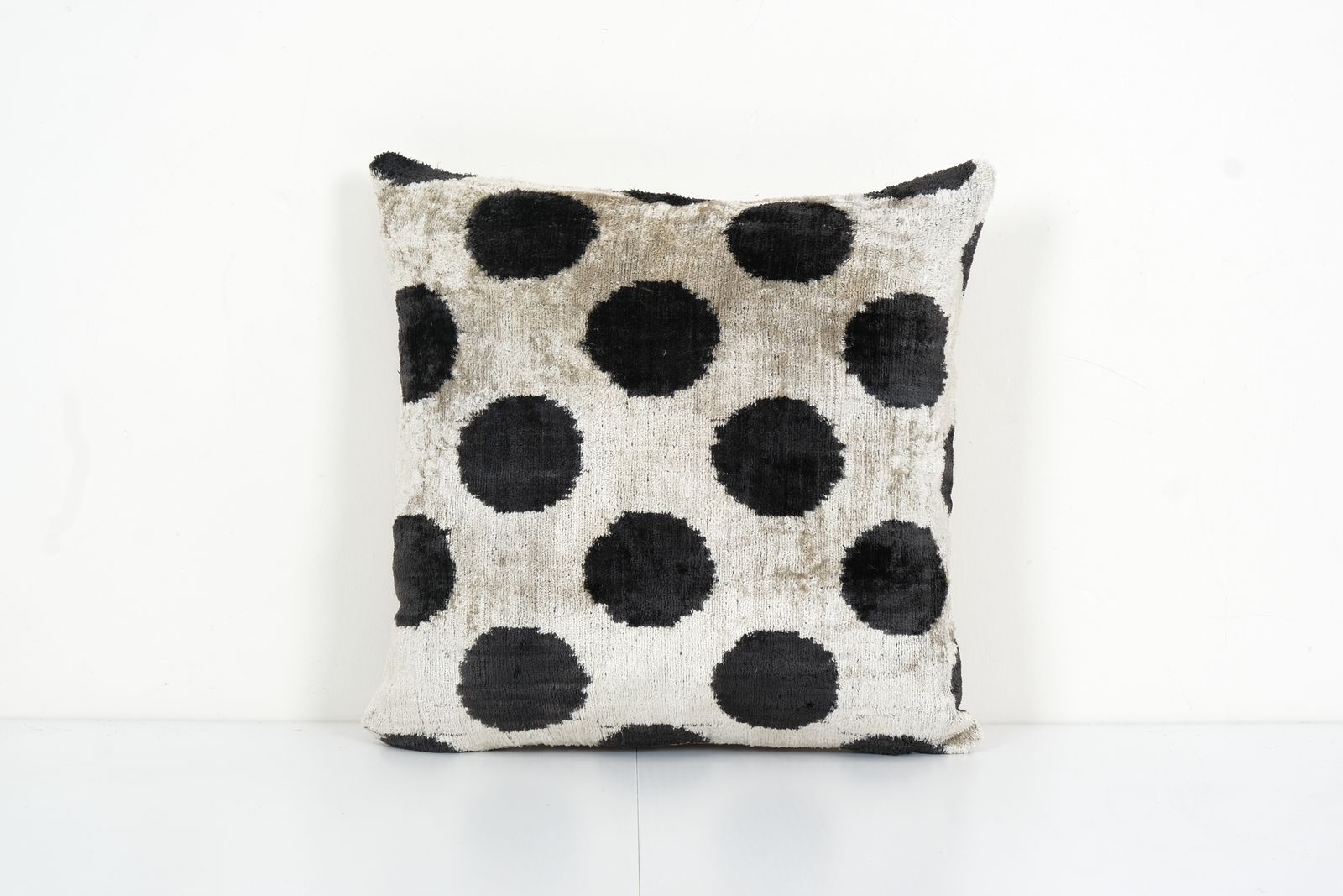 Black Silk Ikat Velvet Pillow Cover, Polka Dot Ikat Lumbar Cushion Cover, Decorative Pillowcase 16" X 16"