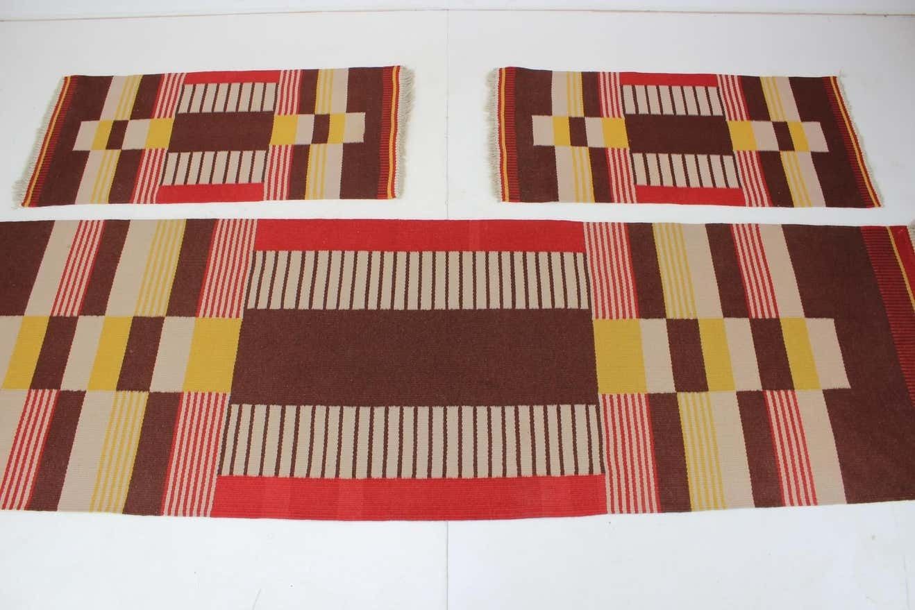 Rare Set Three Geometric Wool Rugs Designed By Antonín Kybal, 1940s photo for sale