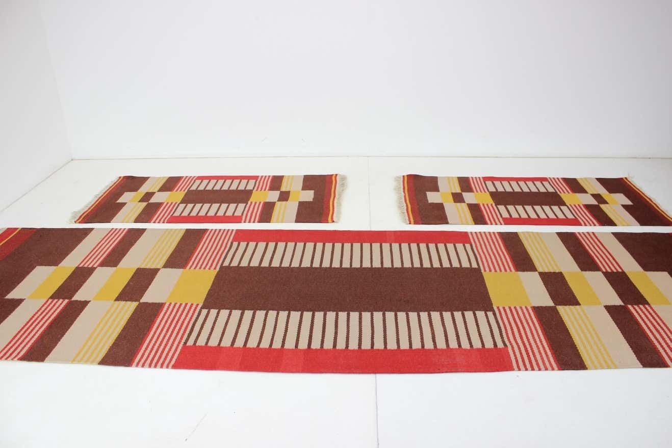 Rare Set Three Geometric Wool Rugs Designed By Antonín Kybal, 1940s photo Textiles