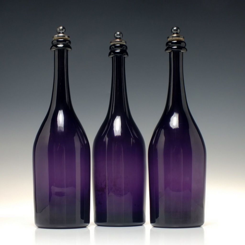 Set Of Three Antique 19th Century Victorian Amethyst Glass Serving Decanter Bottles C1830