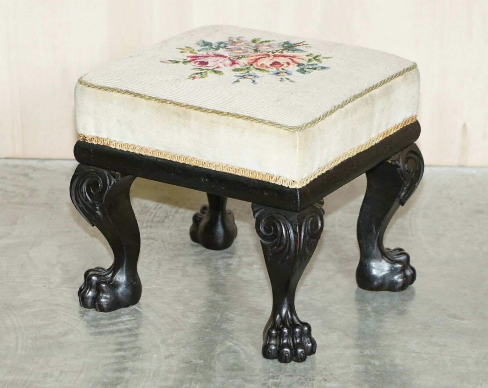Circa 1880 1900 Antique Victorian Ebonised Lion's Hairy Paw Feet Footstool