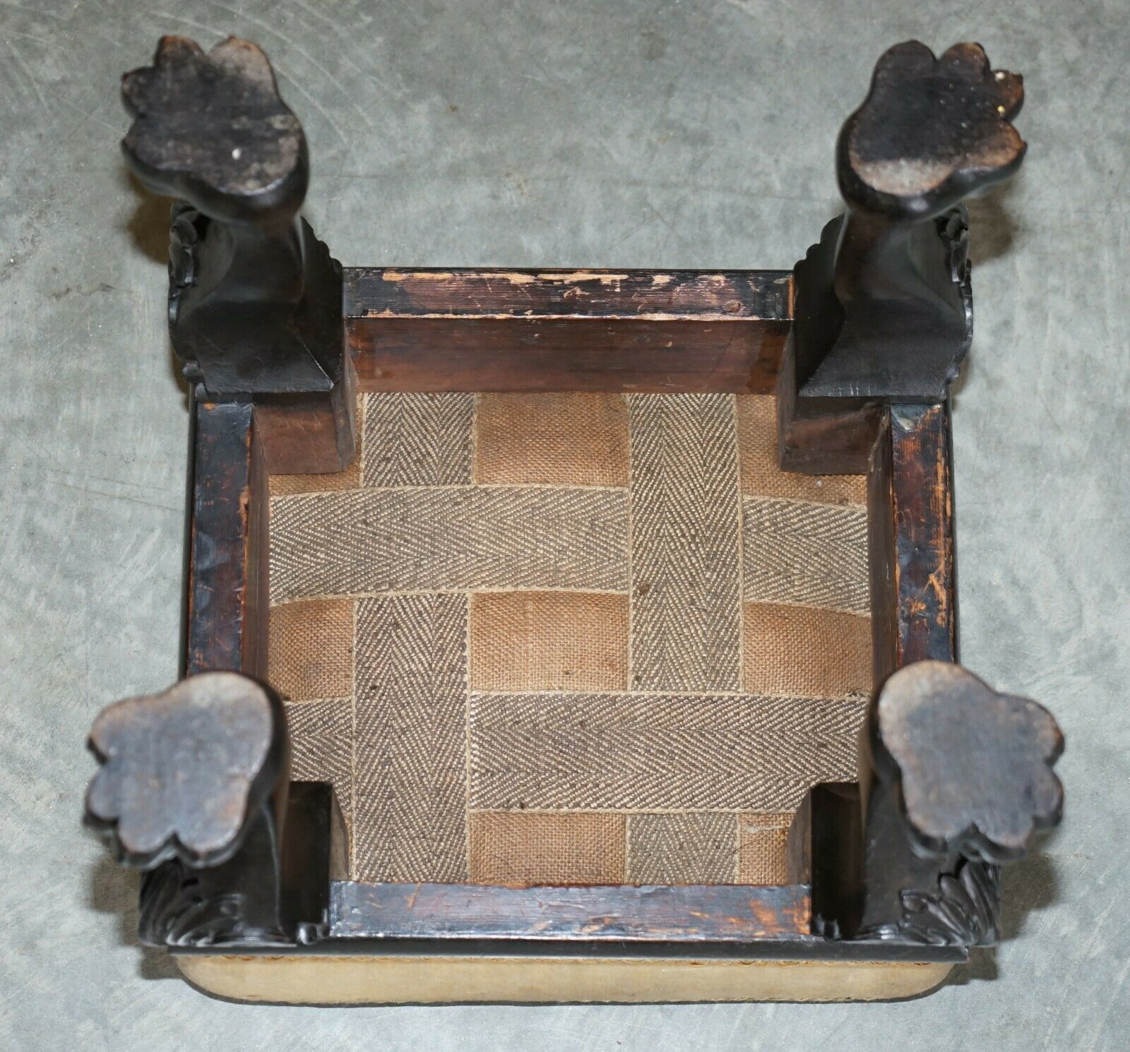 photo furniture Circa 1880 1900 Antique Victorian Ebonised Lion's Hairy Paw Feet Footstool