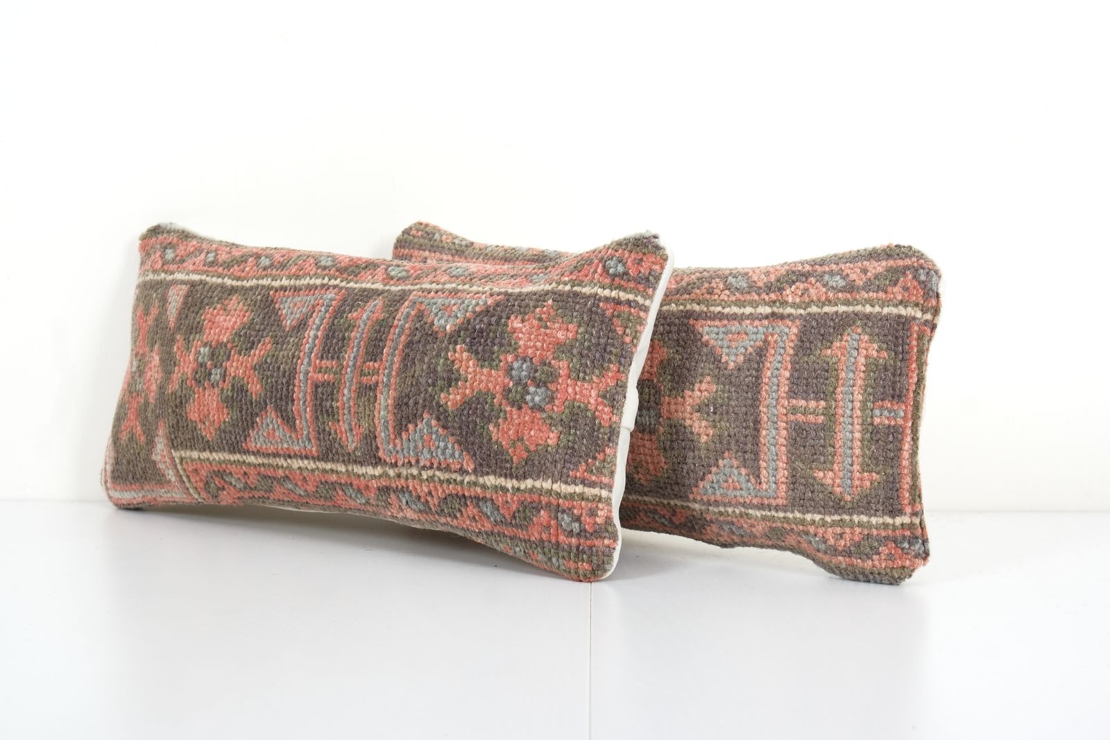 Organic Wool Muted Brown Carpet  Pillow, Set Of Two Faded Ethnic Turkish Yastik Pillow   Designer  8" X 20" photo furniture
