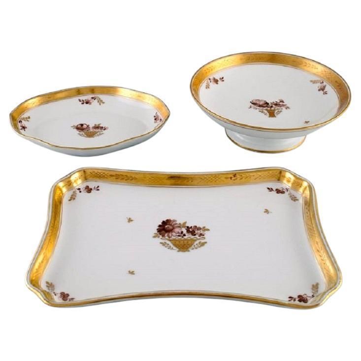 Three Royal Copenhagen Golden Basket Dishes In Porcelain With Flowers
