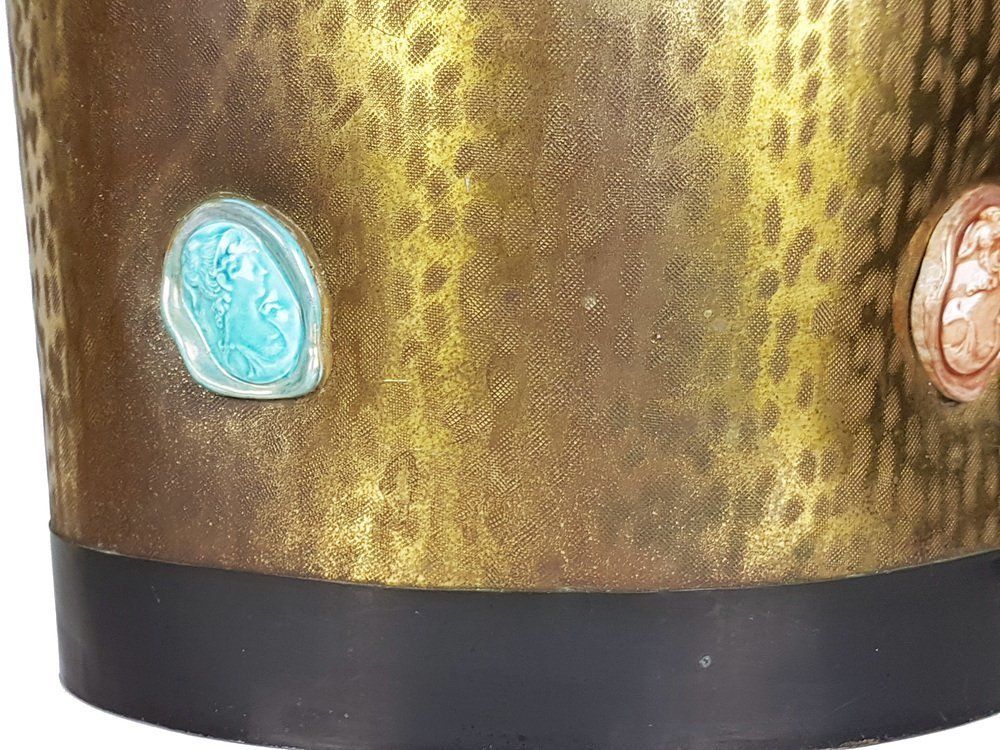 Mid Century Italian Black Metal Engraved Brass And Ceramic Umbrella Stand 1950s photo vinterior