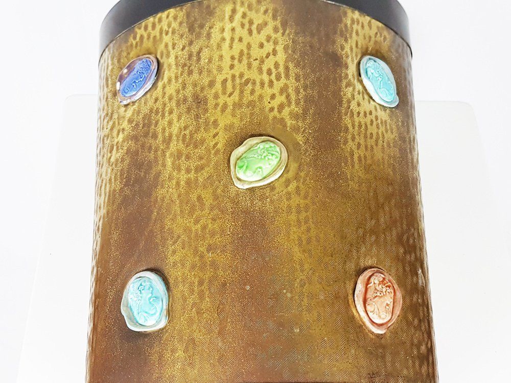 Mid Century Italian Black Metal Engraved Brass And Ceramic Umbrella Stand 1950s photo vintage