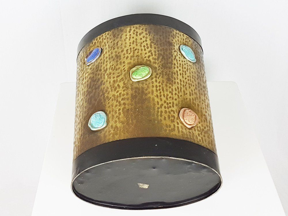 photo for sale Mid Century Italian Black Metal Engraved Brass And Ceramic Umbrella Stand 1950s