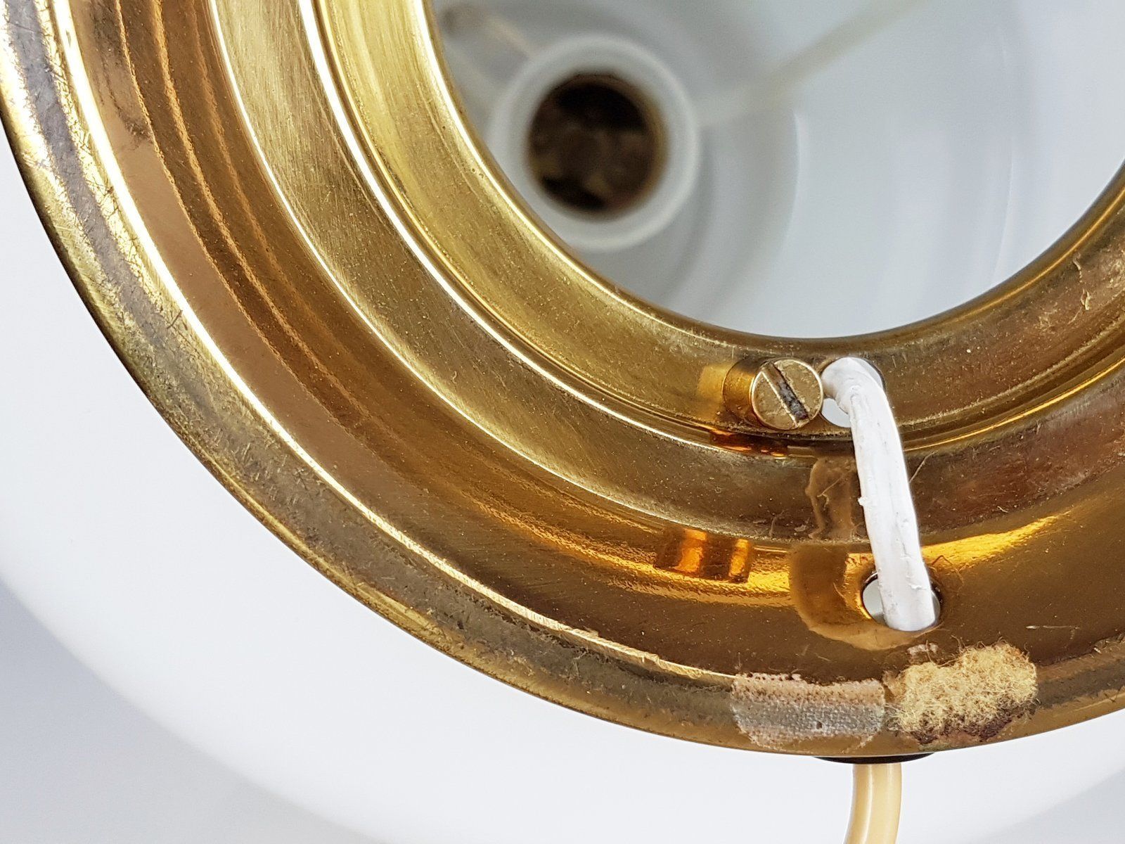 photo for sale Brass & Opaline Glass 3 Light Table Lamp By Bruno Gatta For Stilnovo
