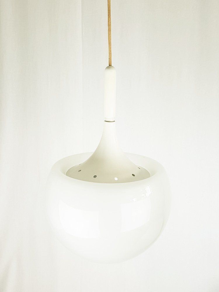 Mushroom Shaped White Metal And Sandblasted Glass Pendant Lamp By Martinelli Luce, 1960s photo 998.0
