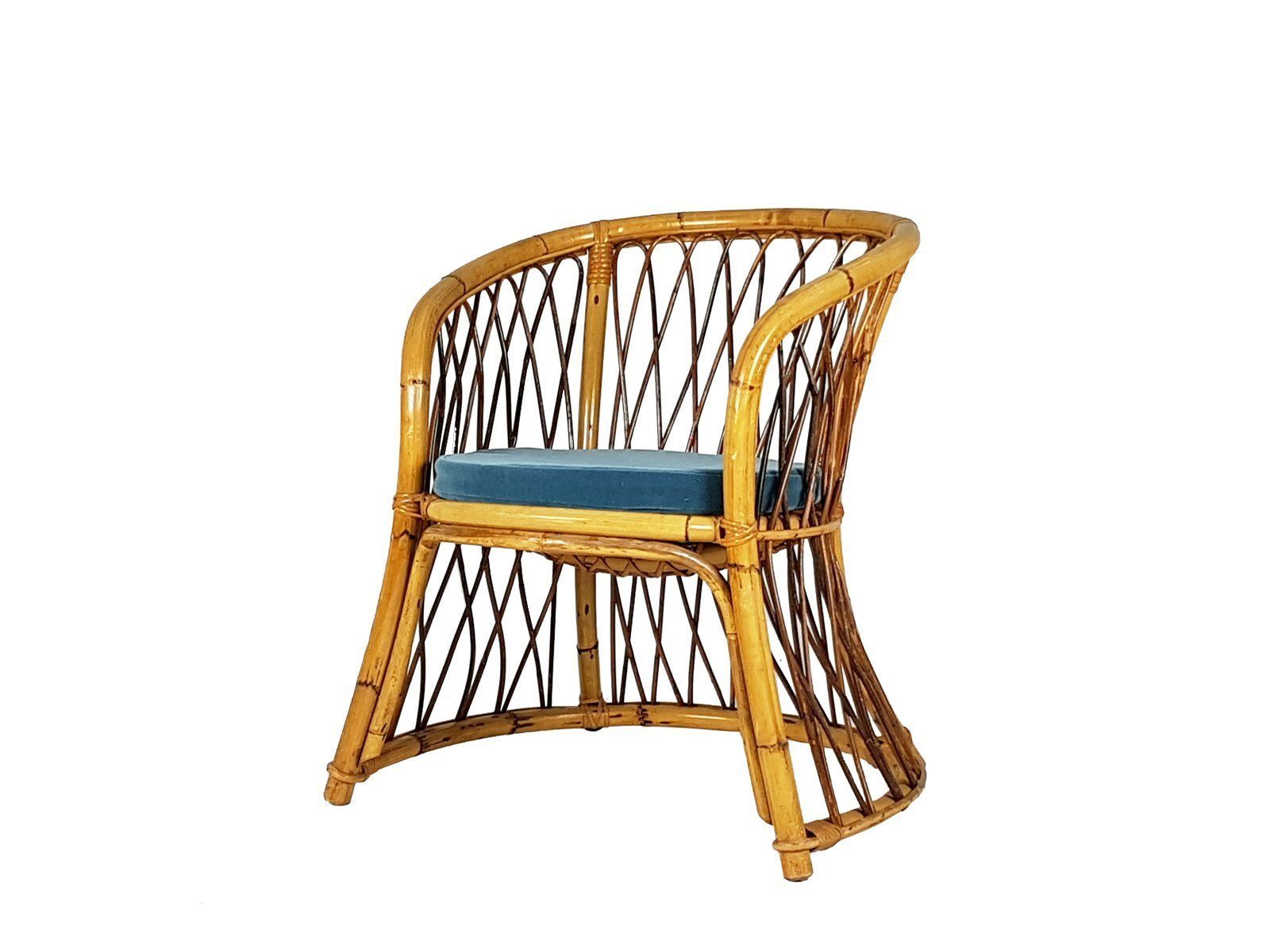 Rush, Rattan & Blue Velvet Armchair, 1960s