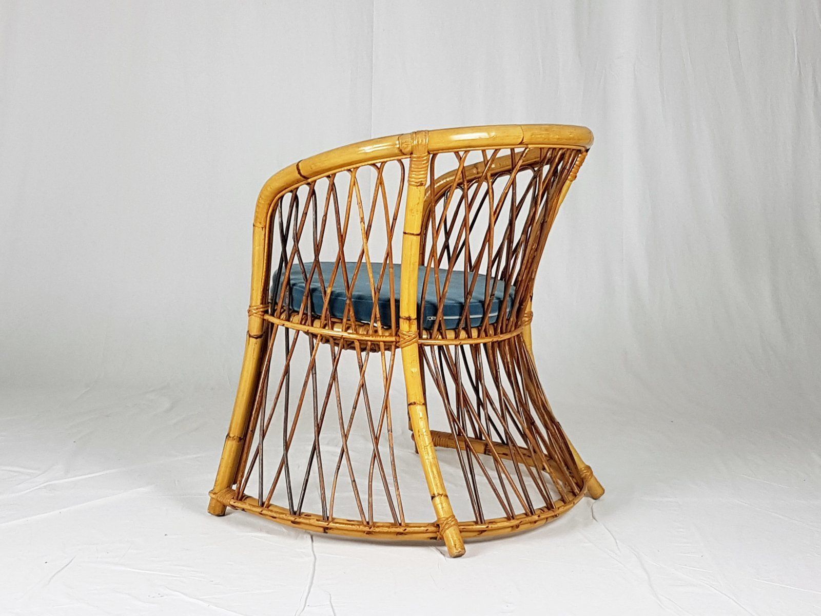 photo furniture Rush, Rattan & Blue Velvet Armchair, 1960s
