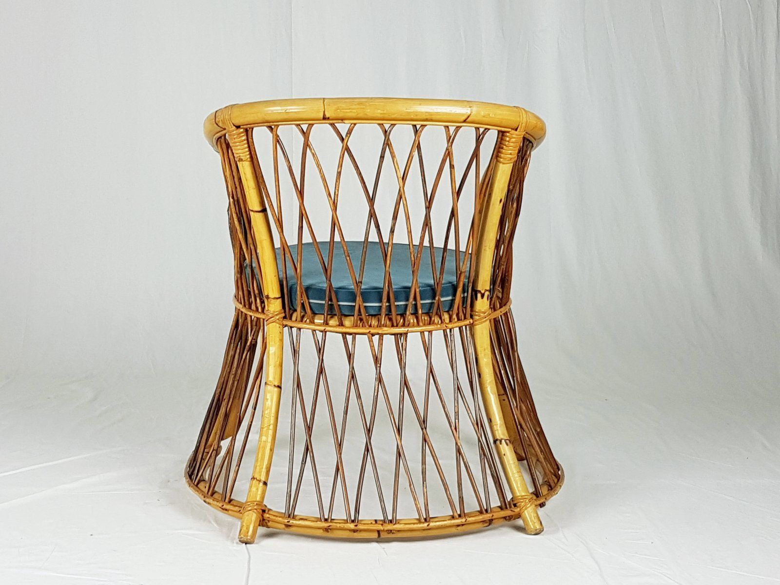 photo for sale Rush, Rattan & Blue Velvet Armchair, 1960s
